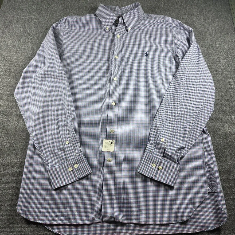 Polo Ralph Lauren Blue Plaid Button Down Custom Fit Dress Shirt 17.5 Pony NWT